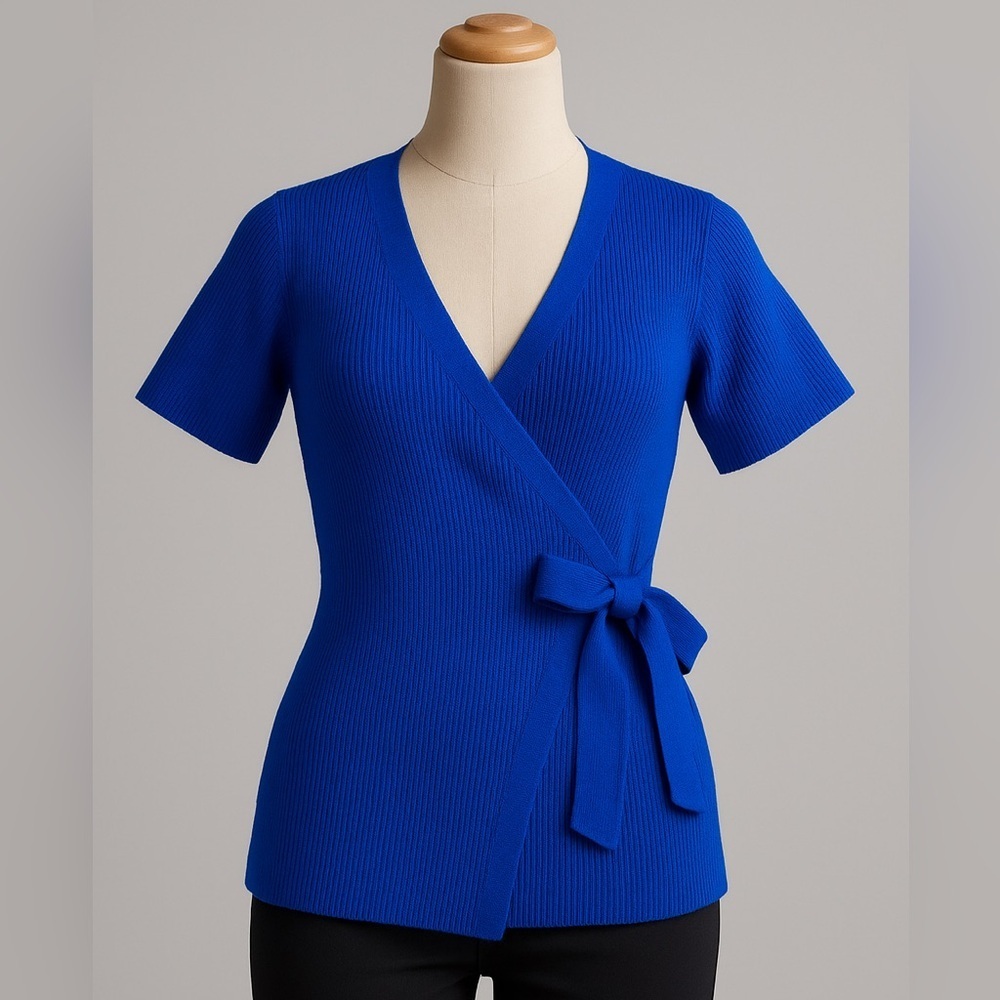 Royal Blue Ribbed Knit Wrap Top w/ Bow
